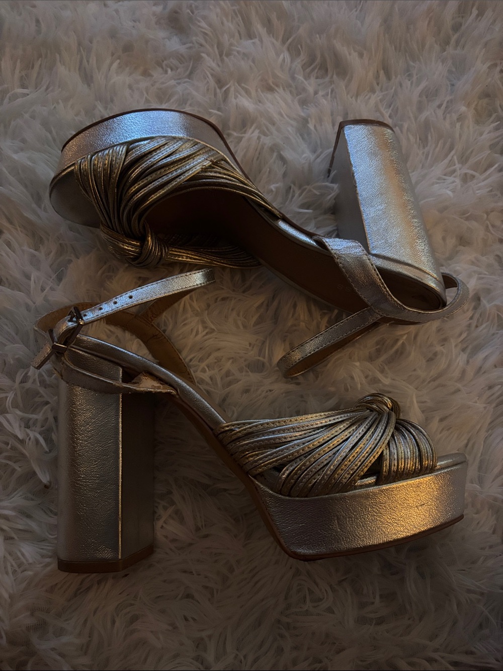 Express Metallic Gold Knot Front Ankle-Strap Heels
